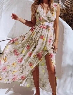 Breezy Printed Chiffon V-Neck Dress with Flirty Split – Summer’s Must-Have
