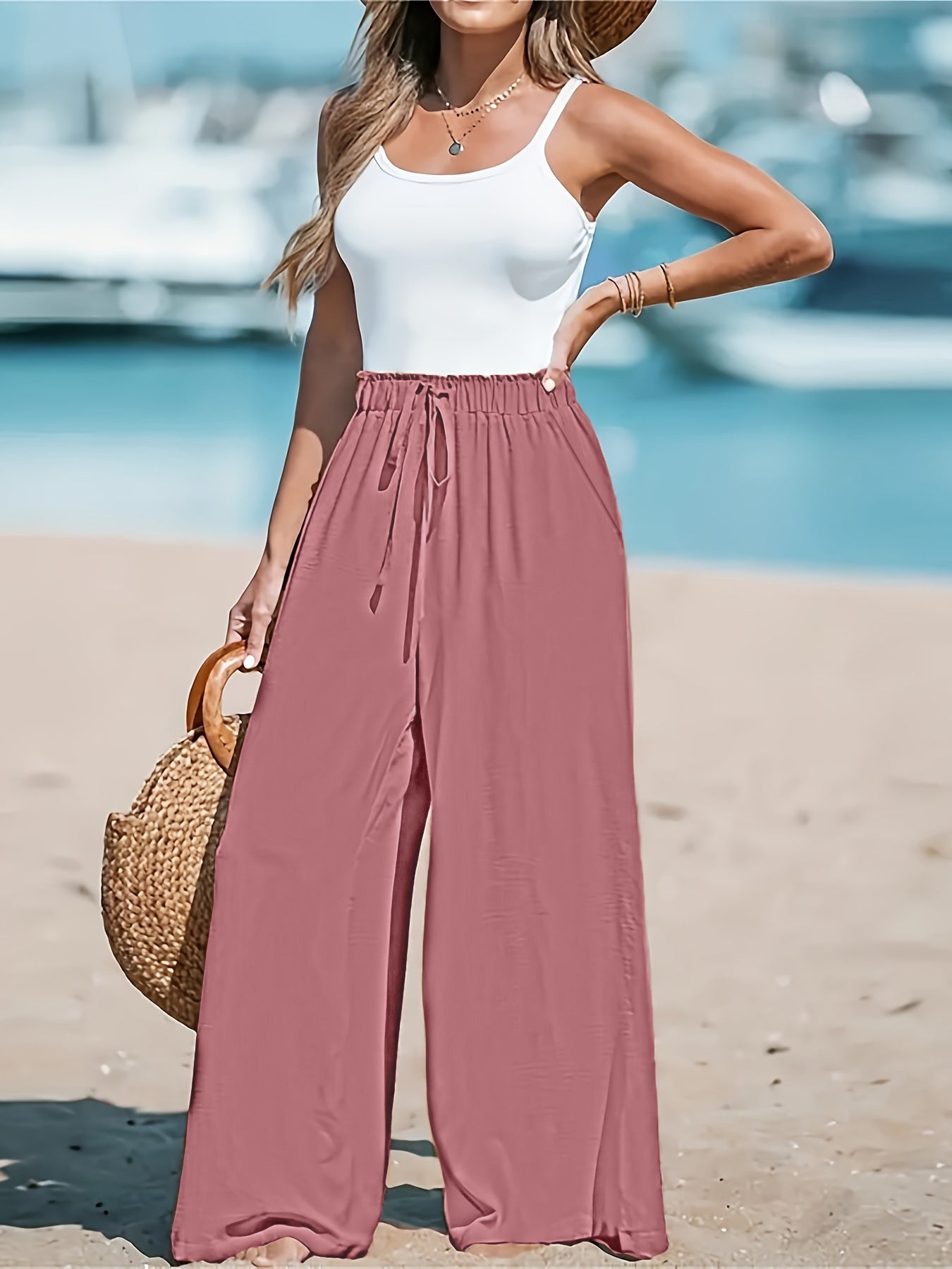 Effortless Chic: Women's Loose Fit Wide-Leg Trousers with Faux Drawstring