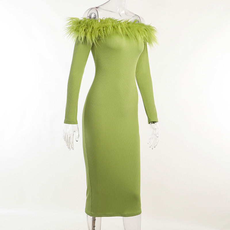 Off-the-shoulder midi dress adorned with feathers