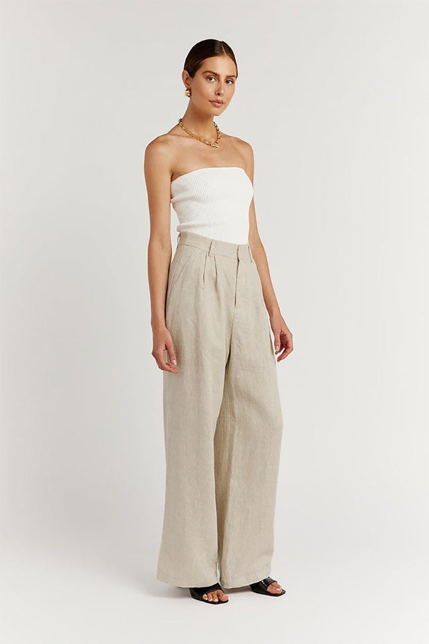 Easygoing Style: Women’s Cotton & Linen Suspender Vest and Wide Leg Pants Outfit