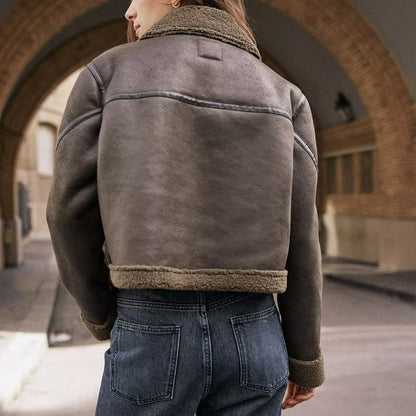 Trendy Lapel Fleece Patch Motorcycle Coat