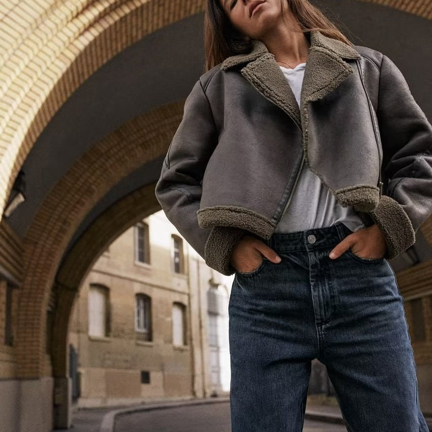 Trendy Lapel Fleece Patch Motorcycle Coat