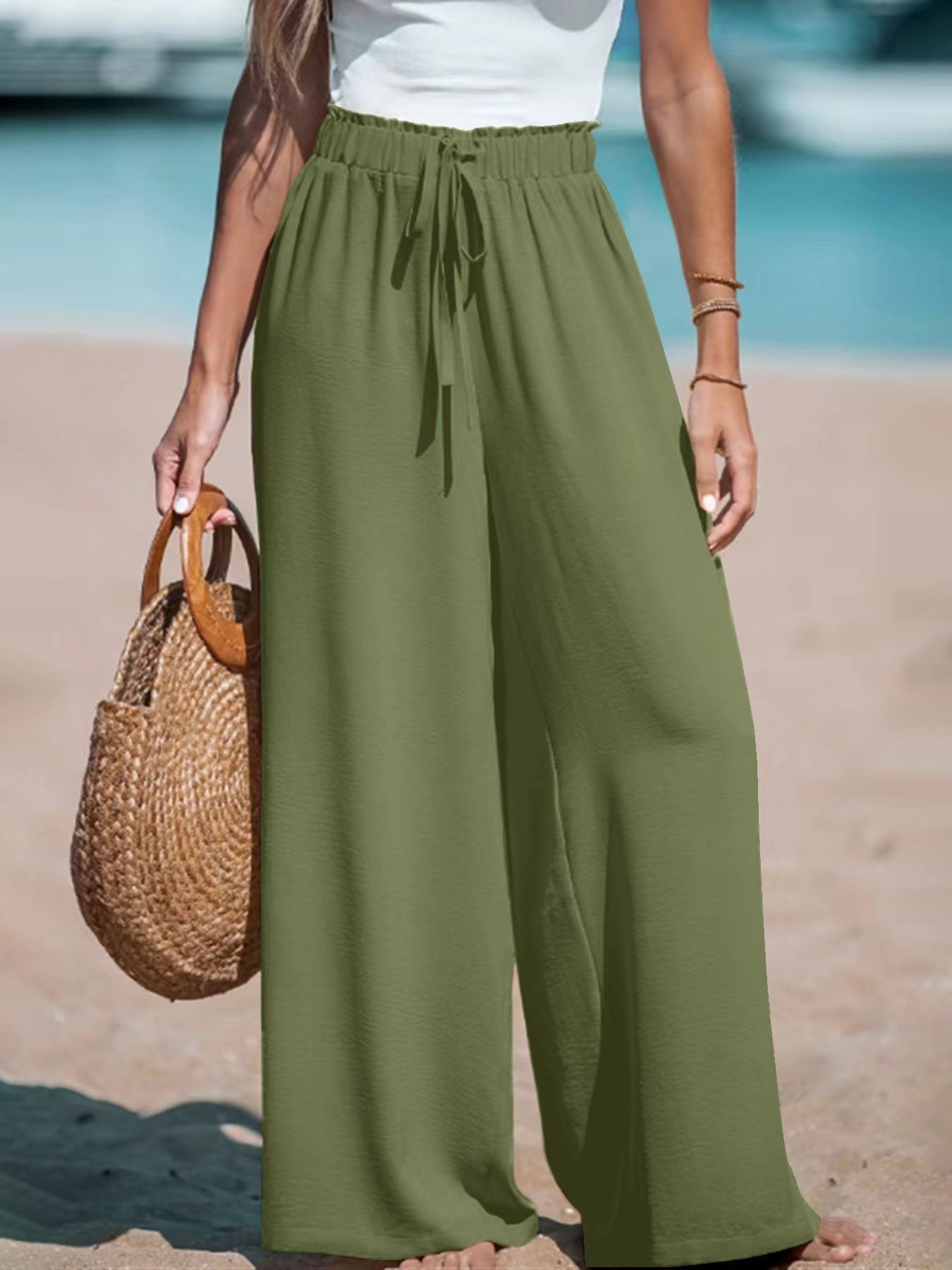 Effortless Chic: Women's Loose Fit Wide-Leg Trousers with Faux Drawstring