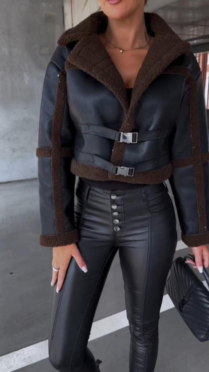 Elegant Integrated Fur & Leather Cropped Jacket
