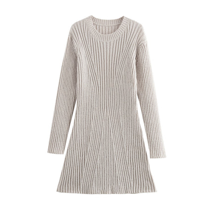 Chic Ribbed Knit A-Line Dress with Stand Collar