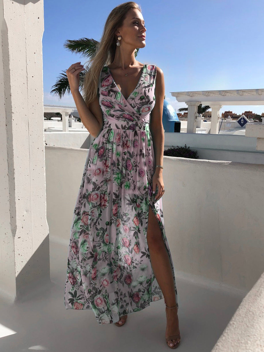 Breezy Printed Chiffon V-Neck Dress with Flirty Split – Summer’s Must-Have