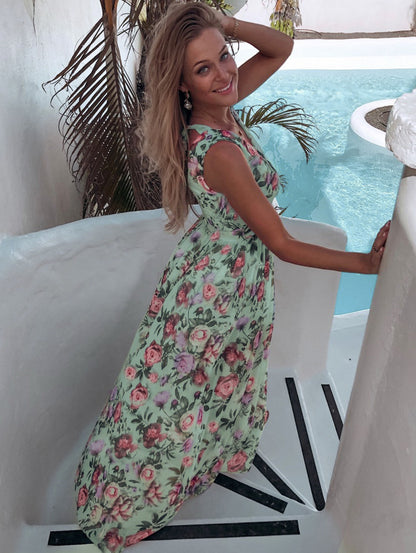 Breezy Printed Chiffon V-Neck Dress with Flirty Split – Summer’s Must-Have