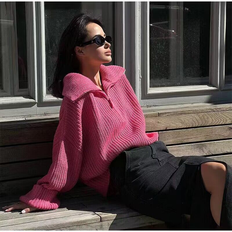 Women's Loose Zipper Pullover Knit Sweater
