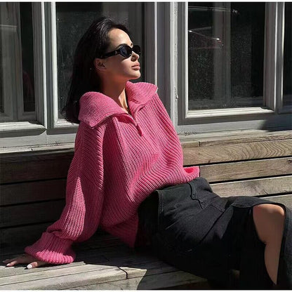 Women's Loose Zipper Pullover Knit Sweater