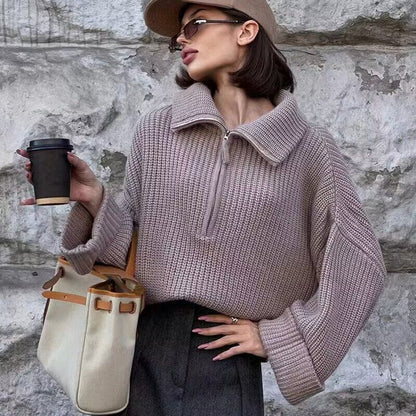 Women's Loose Zipper Pullover Knit Sweater