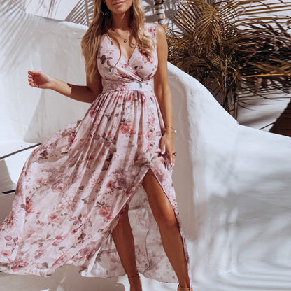 Breezy Printed Chiffon V-Neck Dress with Flirty Split – Summer’s Must-Have
