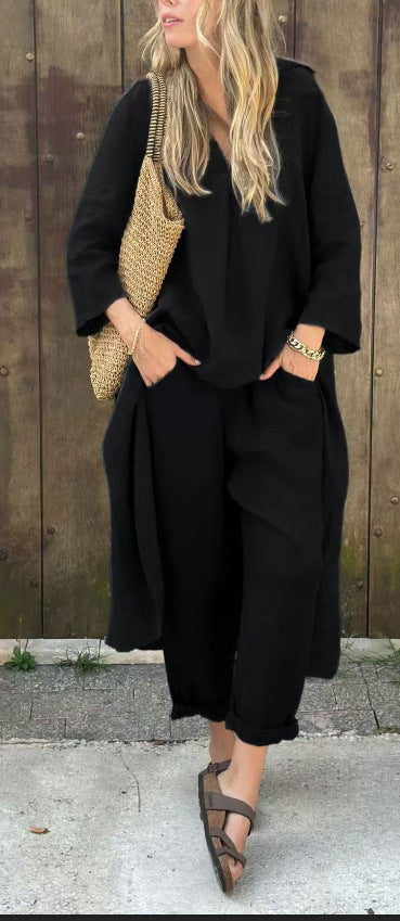Chic 2-Piece Set: Loose V-Neck Long Sleeve Top & High-Waist Wide Leg Pants with Pockets – Effortless Elegance for Women