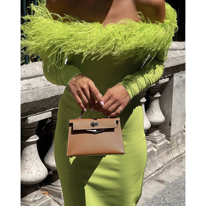 Off-the-shoulder midi dress adorned with feathers