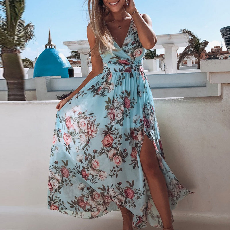 Breezy Printed Chiffon V-Neck Dress with Flirty Split – Summer’s Must-Have