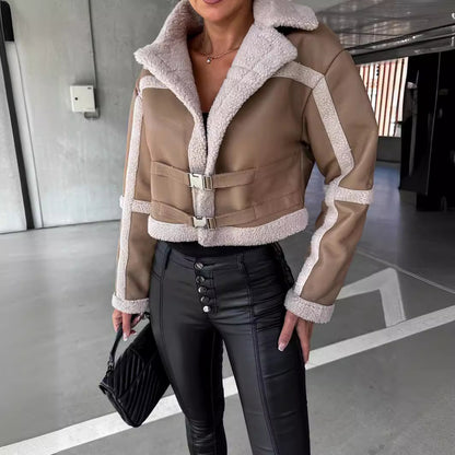 Elegant Integrated Fur & Leather Cropped Jacket