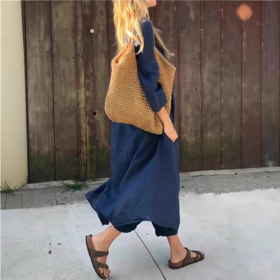 Chic 2-Piece Set: Loose V-Neck Long Sleeve Top & High-Waist Wide Leg Pants with Pockets – Effortless Elegance for Women
