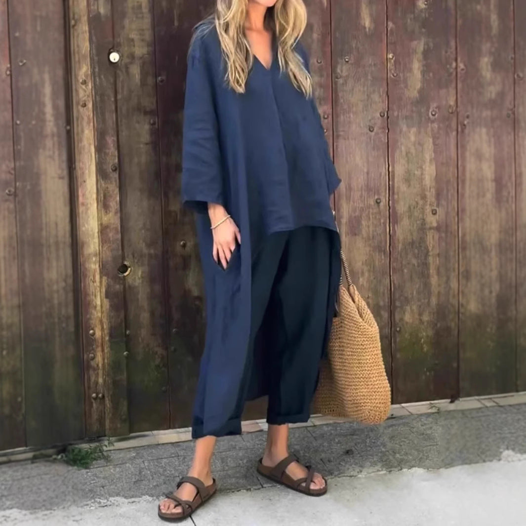 Chic 2-Piece Set: Loose V-Neck Long Sleeve Top & High-Waist Wide Leg Pants with Pockets – Effortless Elegance for Women