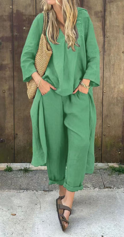 Chic 2-Piece Set: Loose V-Neck Long Sleeve Top & High-Waist Wide Leg Pants with Pockets – Effortless Elegance for Women