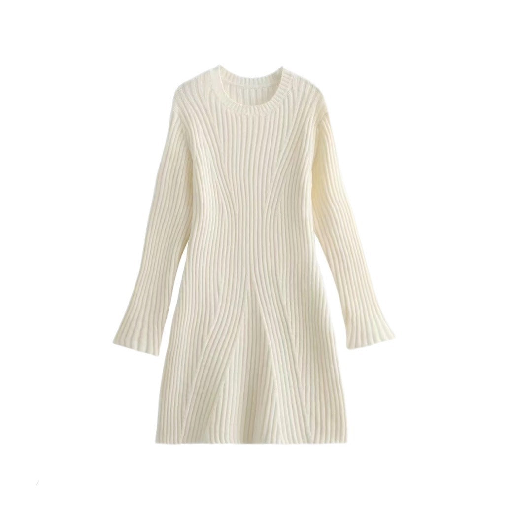 Chic Ribbed Knit A-Line Dress with Stand Collar
