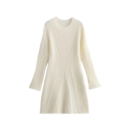 Chic Ribbed Knit A-Line Dress with Stand Collar