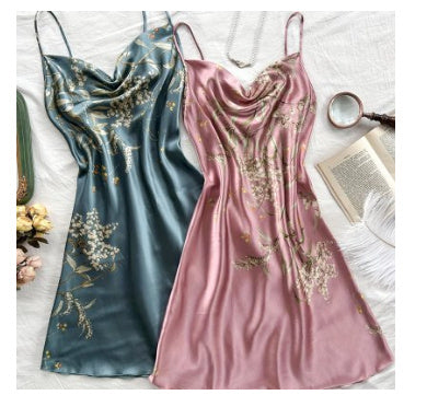 Elegant Summer Silk Slip – Cherry Patterned Mid-Length Nightdress