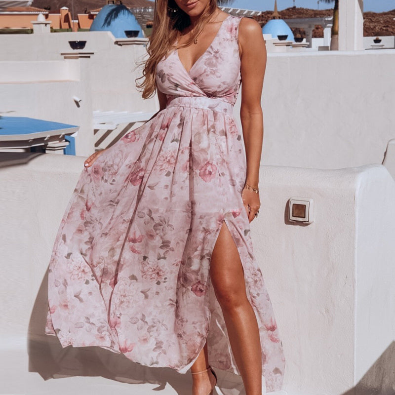 Breezy Printed Chiffon V-Neck Dress with Flirty Split – Summer’s Must-Have