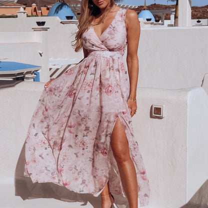 Breezy Printed Chiffon V-Neck Dress with Flirty Split – Summer’s Must-Have