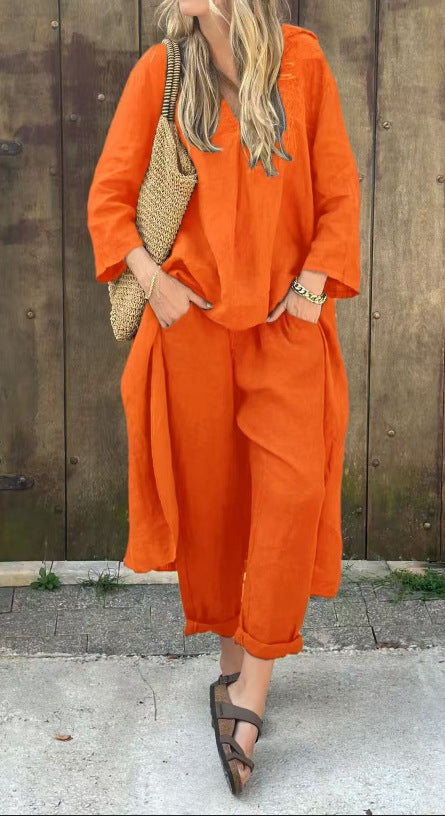 Chic 2-Piece Set: Loose V-Neck Long Sleeve Top & High-Waist Wide Leg Pants with Pockets – Effortless Elegance for Women