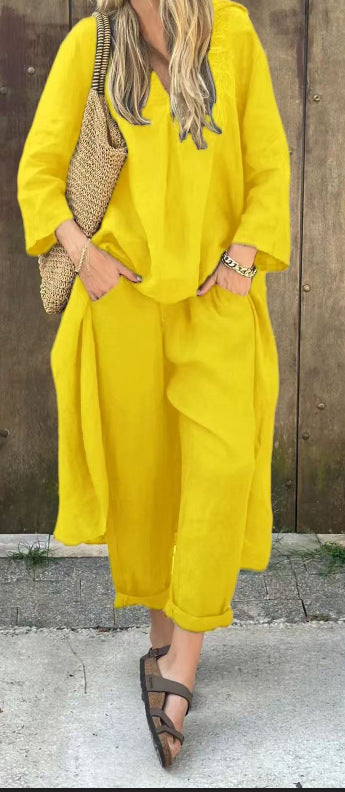 Chic 2-Piece Set: Loose V-Neck Long Sleeve Top & High-Waist Wide Leg Pants with Pockets – Effortless Elegance for Women