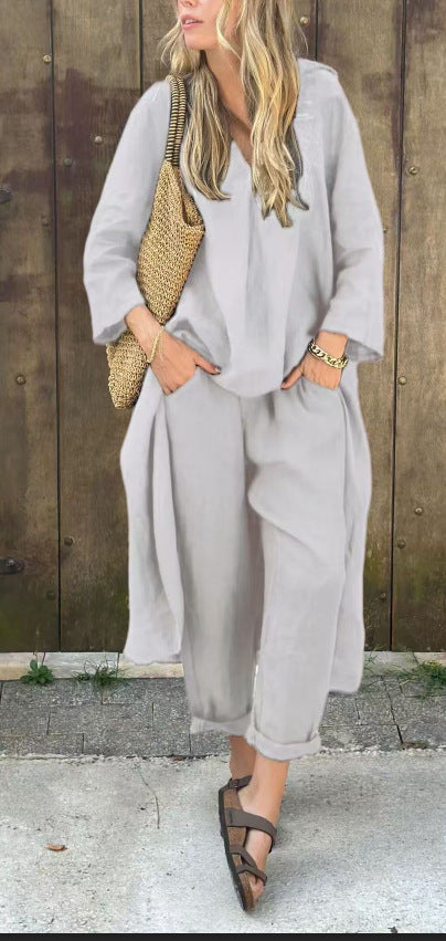 Chic 2-Piece Set: Loose V-Neck Long Sleeve Top & High-Waist Wide Leg Pants with Pockets – Effortless Elegance for Women