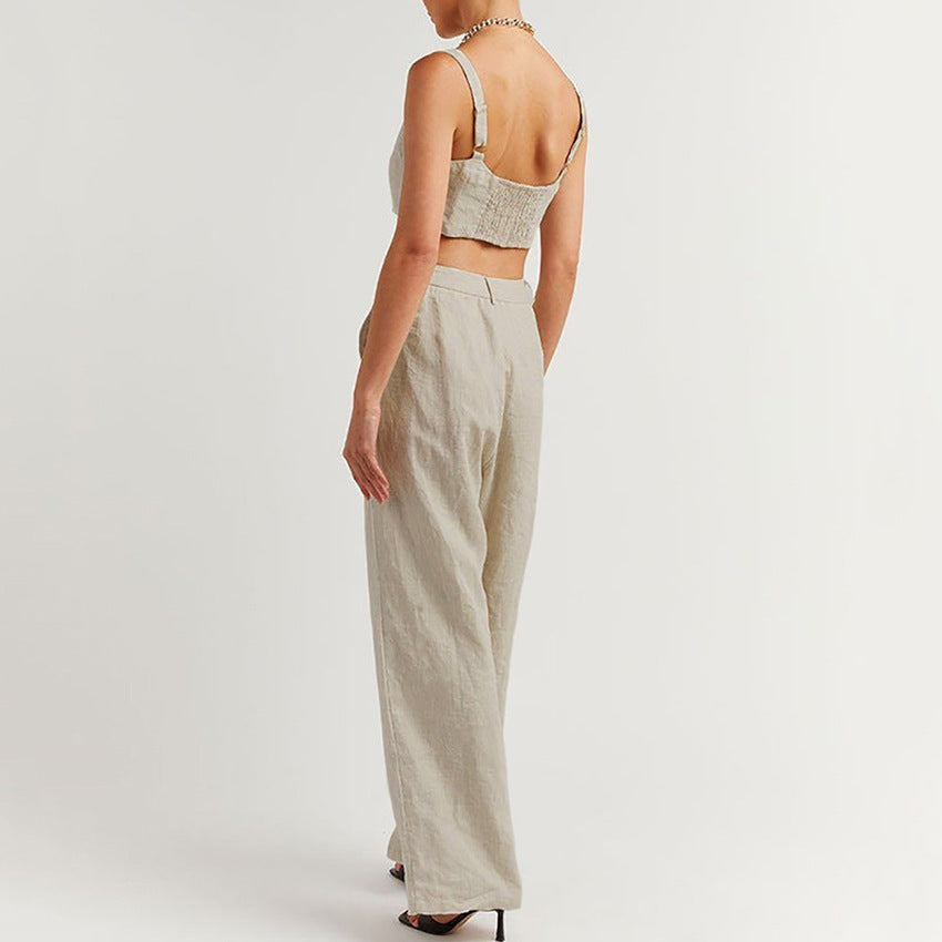 Easygoing Style: Women’s Cotton & Linen Suspender Vest and Wide Leg Pants Outfit