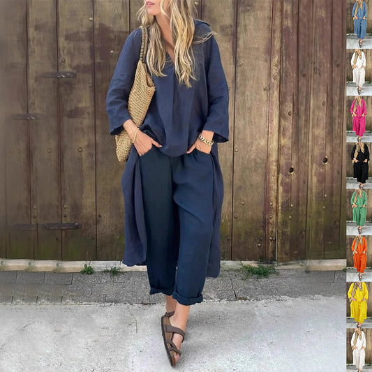 Chic 2-Piece Set: Loose V-Neck Long Sleeve Top & High-Waist Wide Leg Pants with Pockets – Effortless Elegance for Women