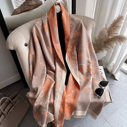 A Thick Warm Floral Tassel Shawl