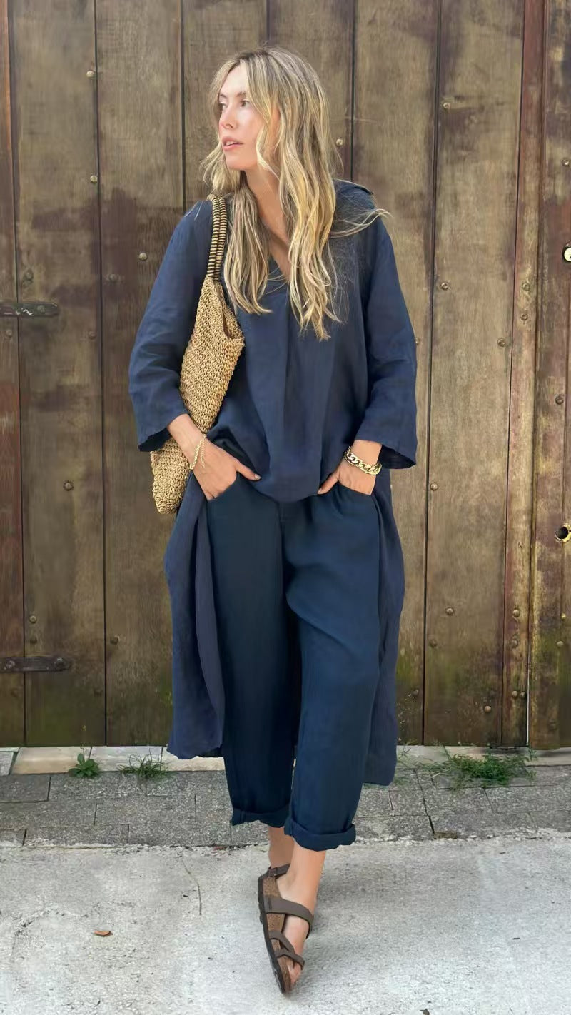 Chic 2-Piece Set: Loose V-Neck Long Sleeve Top & High-Waist Wide Leg Pants with Pockets – Effortless Elegance for Women