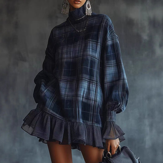 Women's dress designed with a checkered pattern and a ruffled hem