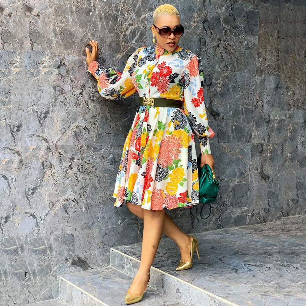 Chic Printed Mid-Length Pullover Dress