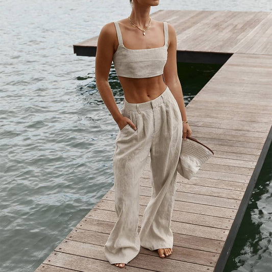Easygoing Style: Women’s Cotton & Linen Suspender Vest and Wide Leg Pants Outfit