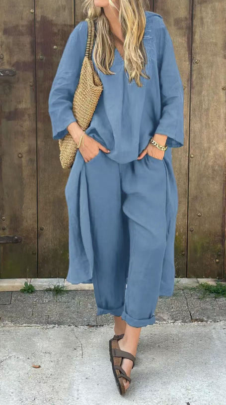 Chic 2-Piece Set: Loose V-Neck Long Sleeve Top & High-Waist Wide Leg Pants with Pockets – Effortless Elegance for Women