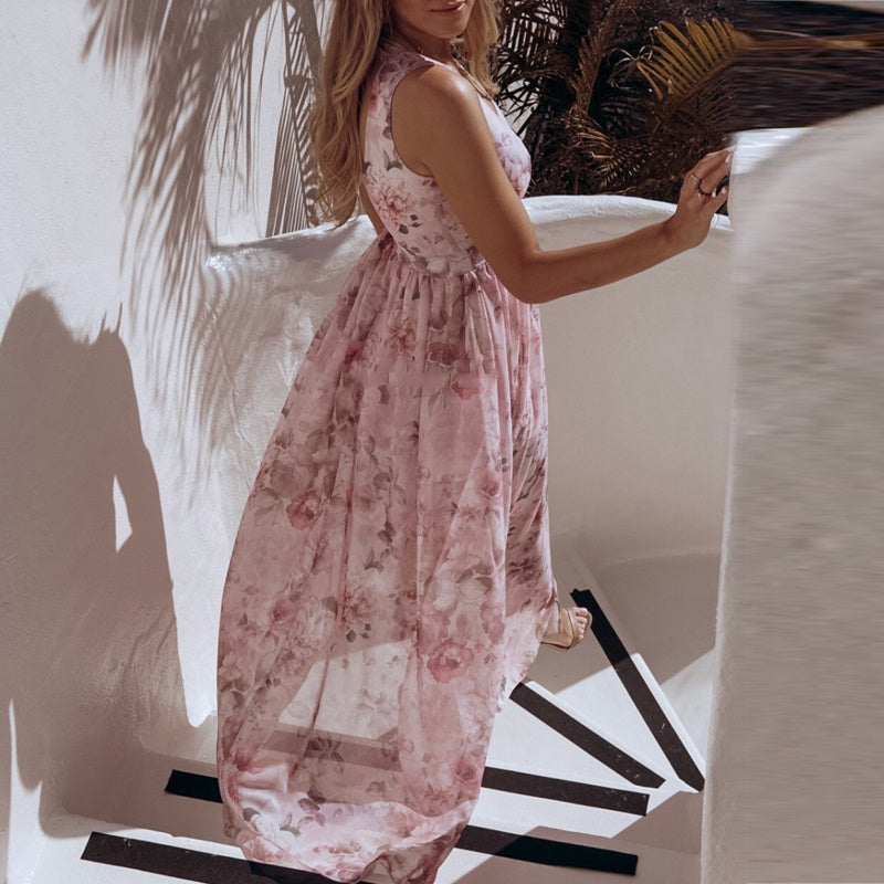 Breezy Printed Chiffon V-Neck Dress with Flirty Split – Summer’s Must-Have