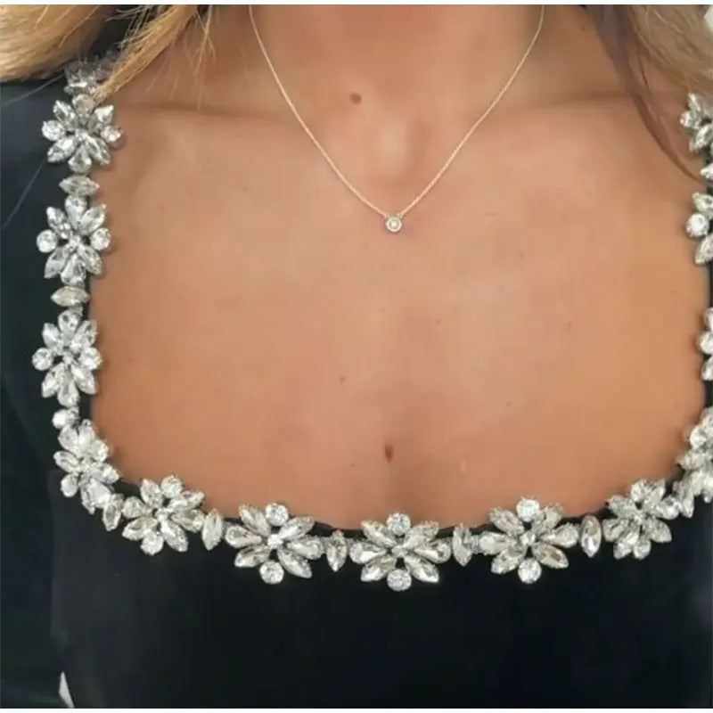 Crystal Flower Mini Dress – Elegant Long Sleeve