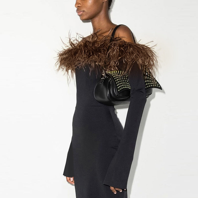 Off-the-shoulder midi dress adorned with feathers