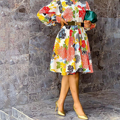 Chic Printed Mid-Length Pullover Dress