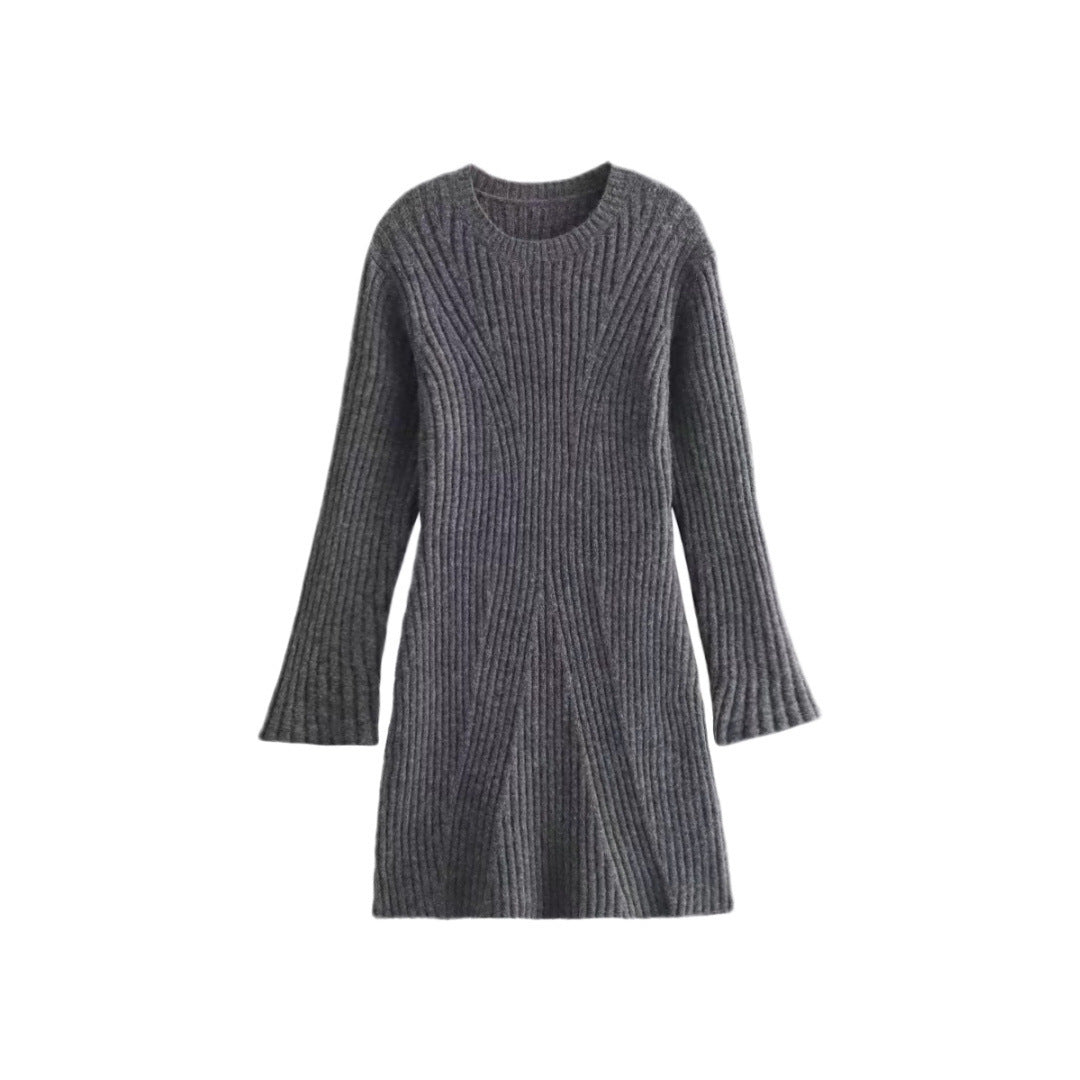 Chic Ribbed Knit A-Line Dress with Stand Collar