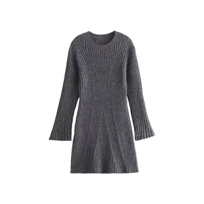 Chic Ribbed Knit A-Line Dress with Stand Collar