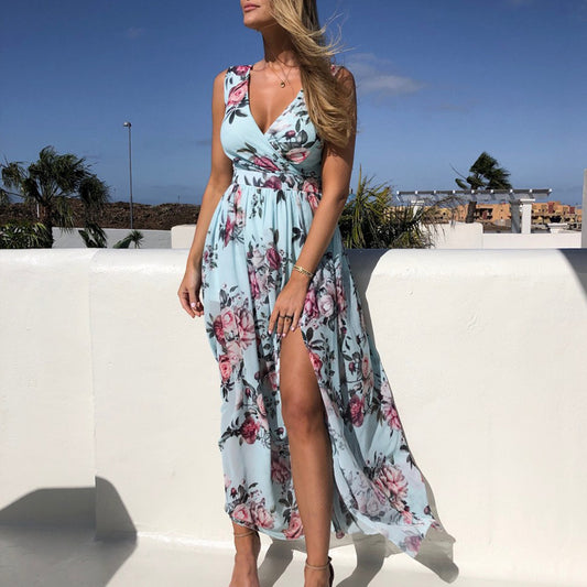 Breezy Printed Chiffon V-Neck Dress with Flirty Split – Summer’s Must-Have