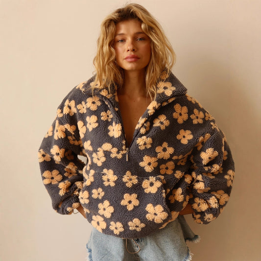 Sheepskin sweatshirt with a winter floral print