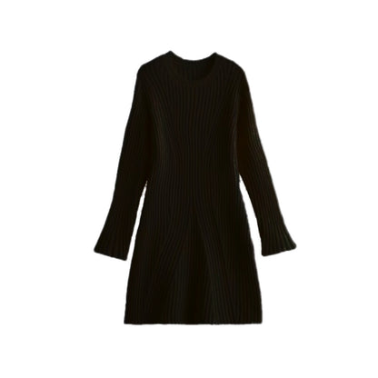 Chic Ribbed Knit A-Line Dress with Stand Collar