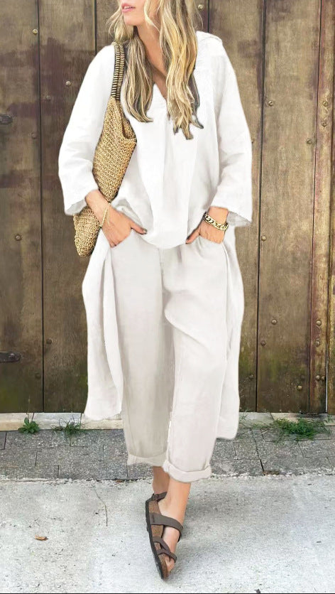 Chic 2-Piece Set: Loose V-Neck Long Sleeve Top & High-Waist Wide Leg Pants with Pockets – Effortless Elegance for Women