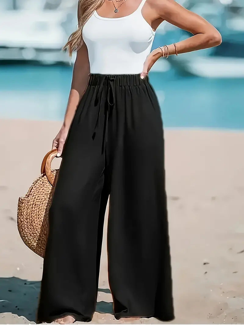 Effortless Chic: Women's Loose Fit Wide-Leg Trousers with Faux Drawstring
