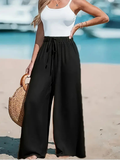 Effortless Chic: Women's Loose Fit Wide-Leg Trousers with Faux Drawstring